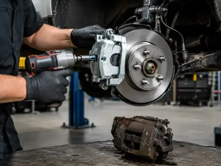 An automotive mechanic installing a brand-new hydraulic brake caliper assembly on a car.