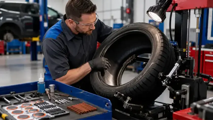 A professional mechanic inspecting the inner liner of a car tire for a puncture patch repair inside the KMF Automotive facility.