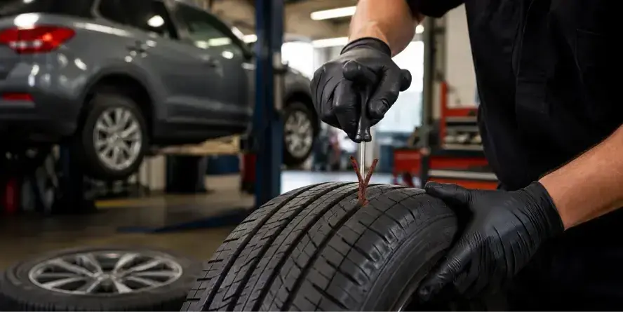 Mechanic performing a tire repair service on a damaged tire at KMF Automotive in Burnaby.