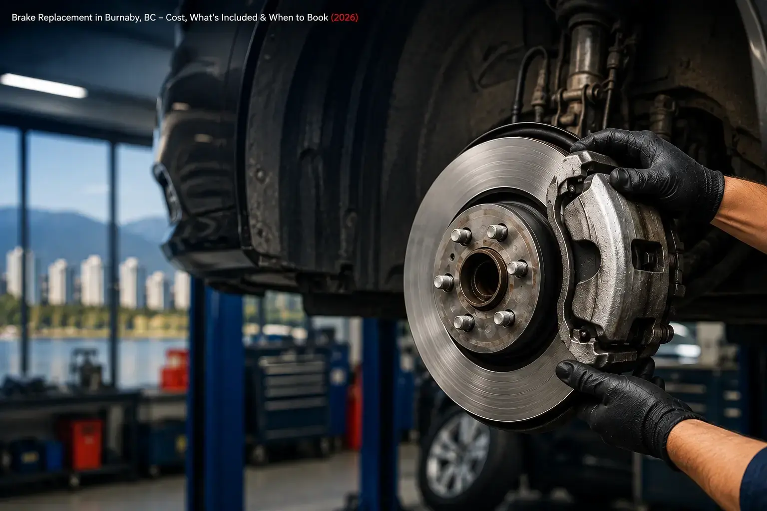 Mechanic performing brake replacement on a vehicle with new brake rotor and caliper in an automotive repair shop in Burnaby, BC.