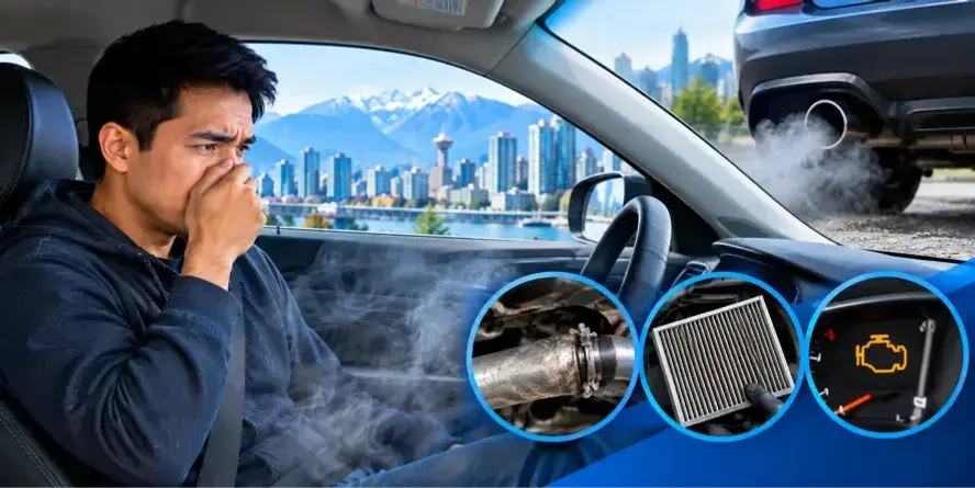 Car exhaust fumes entering the cabin while a driver checks for a possible exhaust leak in Burnaby, BC