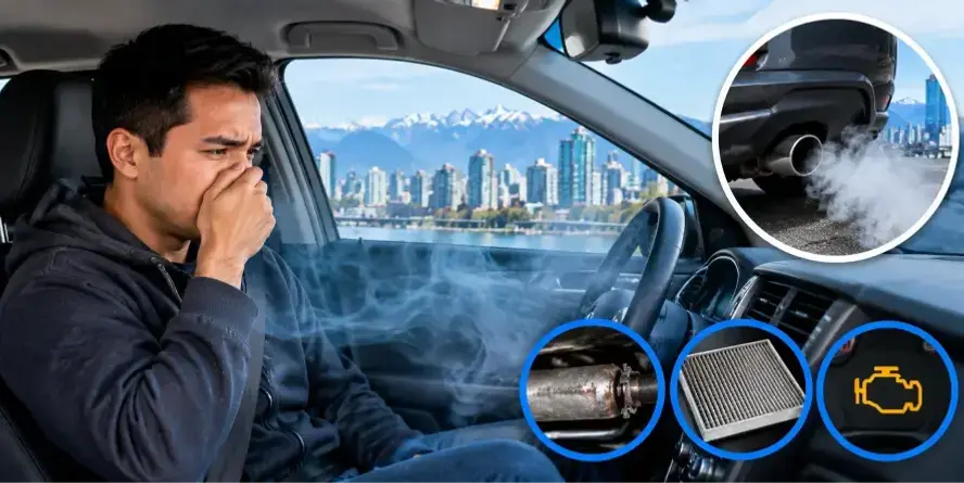 Car exhaust fumes inside the cabin with a driver checking for a possible exhaust leak in Burnaby, BC