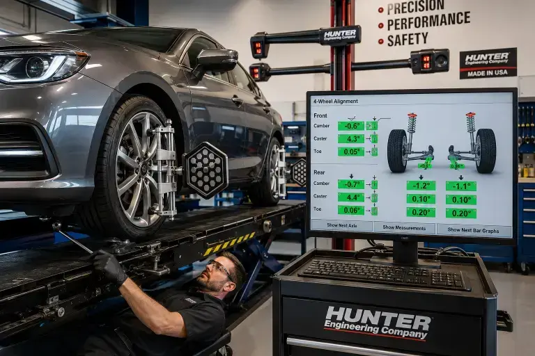 An automotive technician performing a computerized four-wheel suspension alignment service on a car.