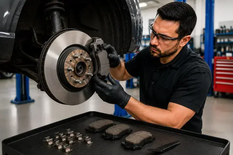 Brake Replacement Near Me with a mechanic installing brake pads on a vehicle at KMF Automotive in Burnaby