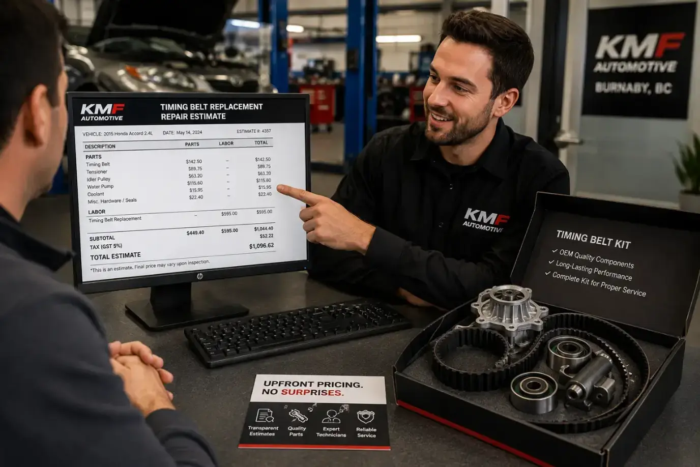 An automotive service breakdown showing parts and labor transparency for a timing belt replacement.