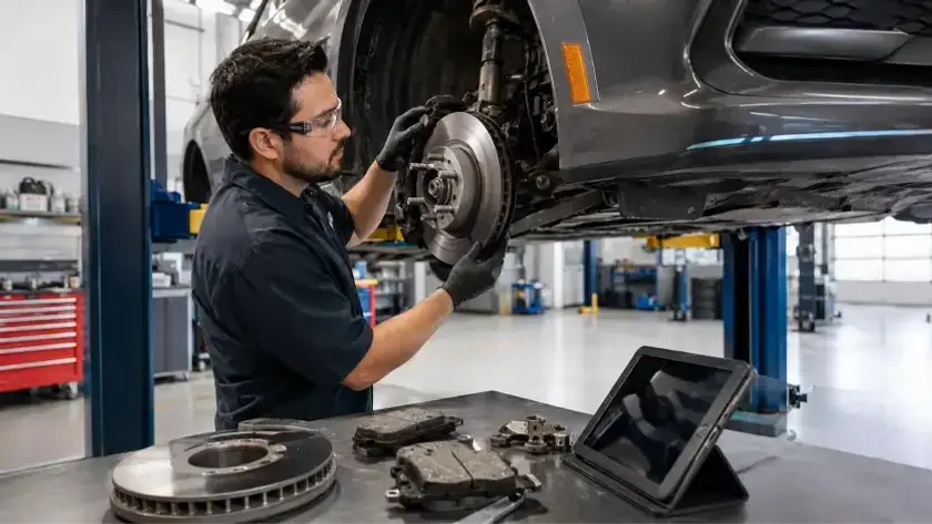 Brake Repair Cost in Burnaby with a mechanic inspecting brake pads and rotors beside diagnostic equipment in a professional auto repair shop