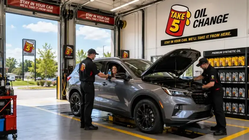 A driver staying inside their vehicle during a fast 10-minute oil change service at a Take 5 location.