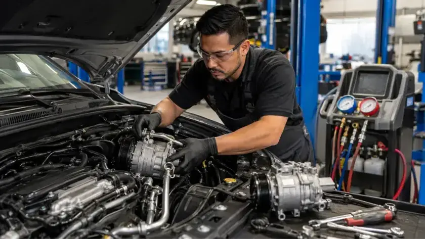 AC Compressor Replacement Burnaby with a mechanic servicing a vehicle air conditioning compressor inside a professional auto repair shop