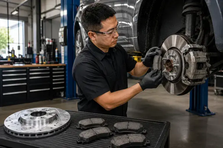 Brake Pad Replacement Burnaby with a mechanic installing new brake pads on a vehicle at KMF Automotive