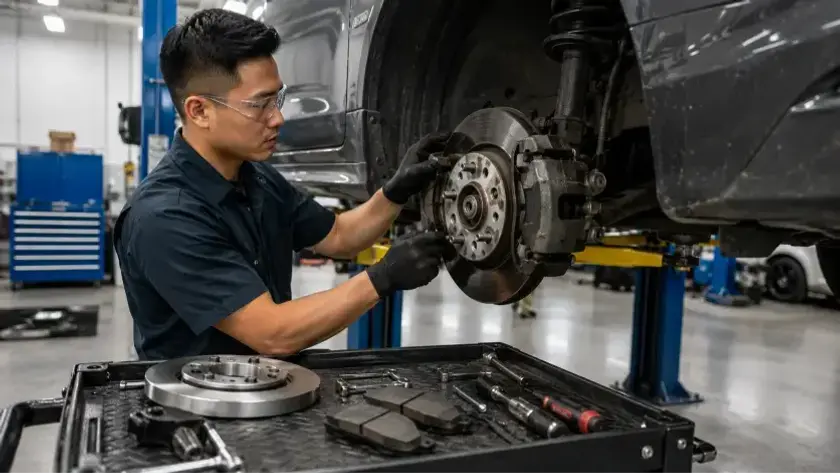 Emergency Brake Repair in Burnaby with a mechanic inspecting and repairing vehicle brakes inside a professional auto repair shop