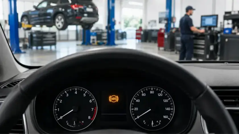 ABS Light Turns On with amber ABS warning light showing on a vehicle dashboard inside a professional auto repair shop