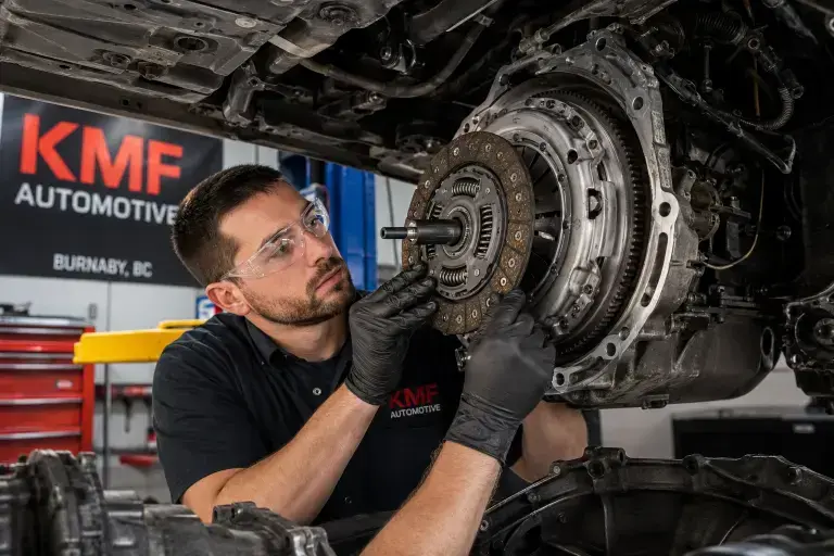 An automotive technician replacing a manual transmission clutch kit under a car at KMF Automotive in Burnaby, BC.