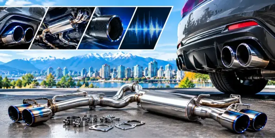Performance exhaust system with polished pipes and quad exhaust tips for a vehicle in Burnaby, BC