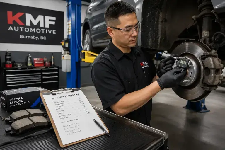 An automotive mechanic performing a transparent brake system inspection at KMF Automotive.