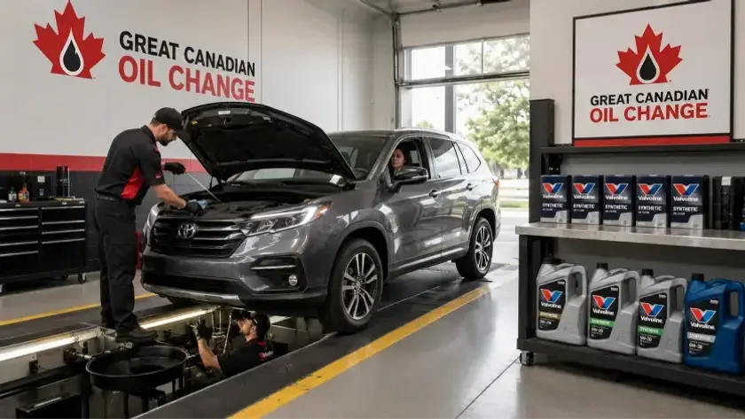 A vehicle receiving a fast drive-thru fluid change at a Great Canadian Oil Change service center.