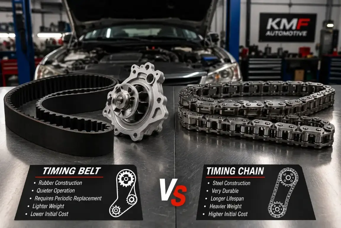 A physical side-by-side comparison between a rubber automotive timing belt and a steel engine timing chain.