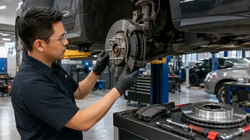 Change Brake Pads in Burnaby with a mechanic replacing brake pads on a raised vehicle inside a professional auto repair shop