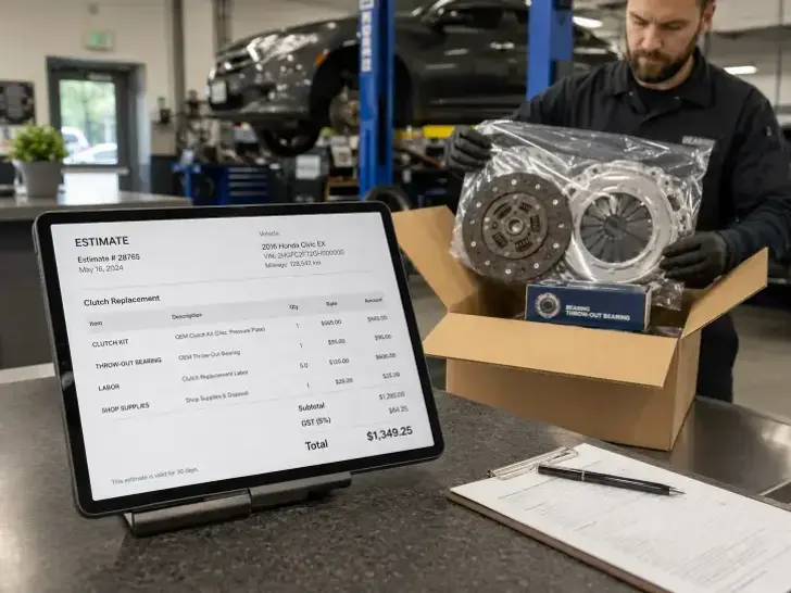 A digital service invoice detailing parts and labor prices for a car clutch replacement service in Burnaby, BC.