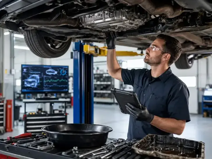 Automatic Transmission Repair Burnaby with a mechanic inspecting a vehicle transmission and drivetrain system using diagnostic equipment at KMF Automotive