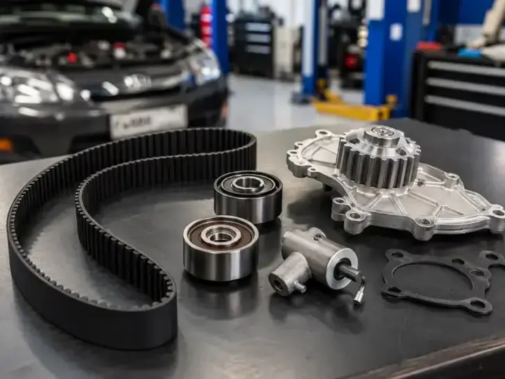 A complete automotive timing belt kit featuring a water pump, tensioners, and idler pulleys at KMF Automotive in Burnaby.