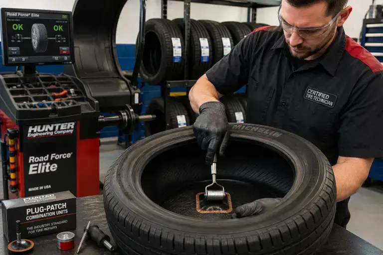 An automotive technician executing a standard plug-and-patch flat tire repair from the inside out.