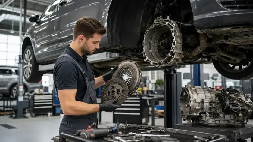 European Car Clutch Repair Burnaby with a mechanic inspecting clutch and transmission components on a lifted European vehicle