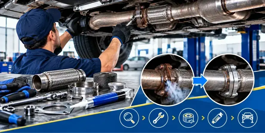 Mechanic repairing an exhaust leak under a raised vehicle, with exhaust clamps, sealant, repair tools, and before-and-after exhaust joint details.