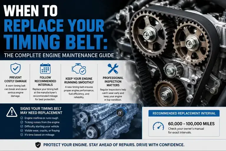 Timing belt replacement illustration showing engine timing belt, camshaft gears, and pulleys with a maintenance-focused design highlighting when to replace your timing belt to protect engine performance and prevent costly repairs.