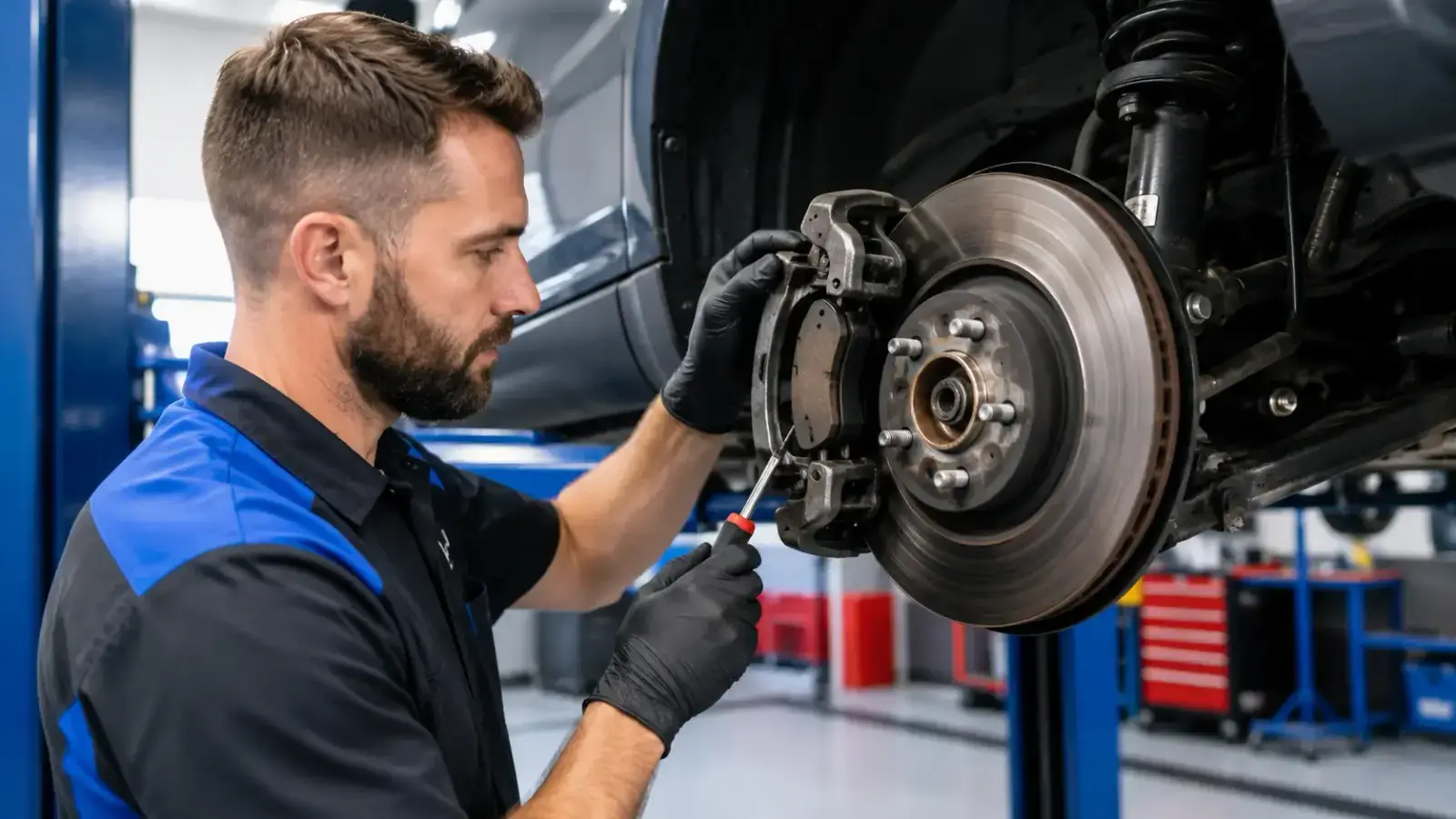 Brake Maintenance Near Me with a professional mechanic inspecting brake pads and rotors at KMF Automotive in Burnaby