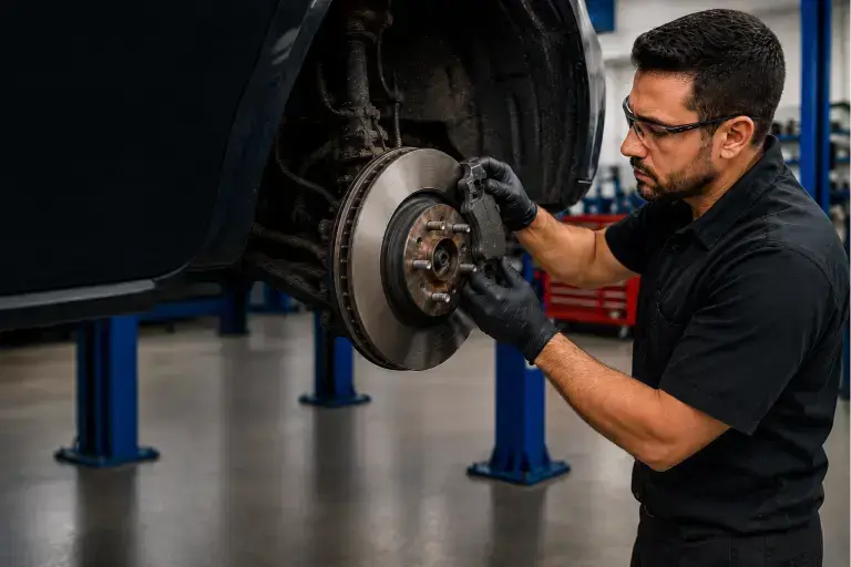 Brake Service Near Me with a mechanic servicing vehicle brakes at KMF Automotive in Burnaby