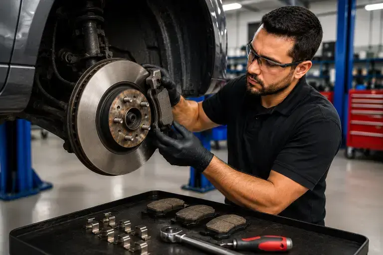 Auto Brakes Near Me with a mechanic installing brake pads on a vehicle at KMF Automotive in Burnaby