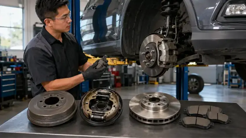 Types of Brakes Explained with a mechanic comparing disc brakes, drum brakes, brake pads, and rotors inside a professional auto repair shop