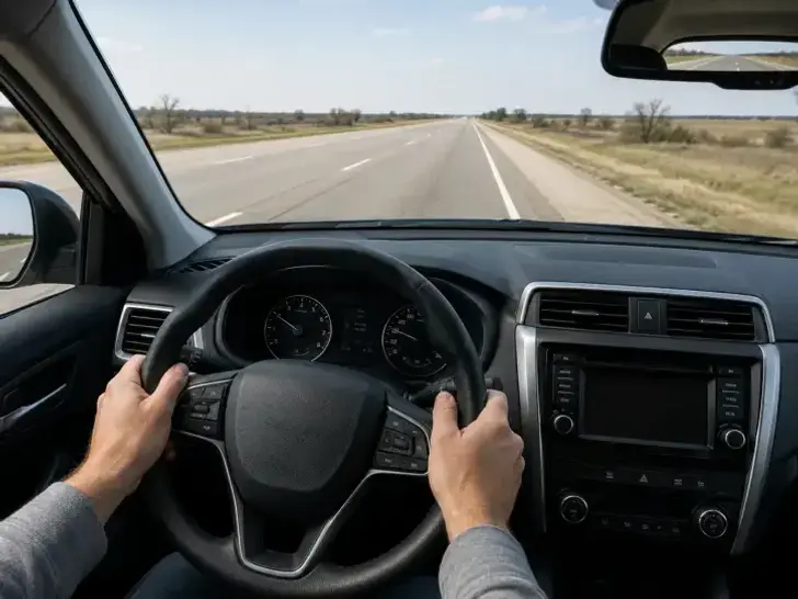 A crooked steering wheel and lane drifting indicating a vehicle needs a suspension alignment check.
