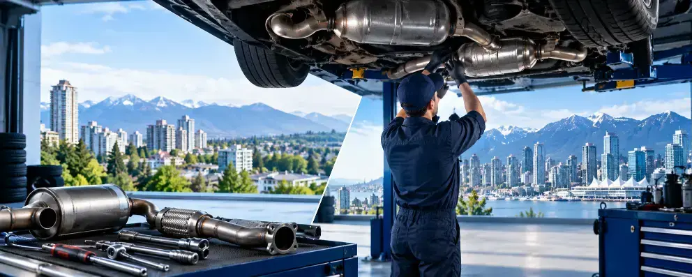 Mechanic repairing a vehicle exhaust system on a lift, with exhaust pipes and tools in the foreground and Burnaby and Vancouver cityscapes with mountain views in the background.