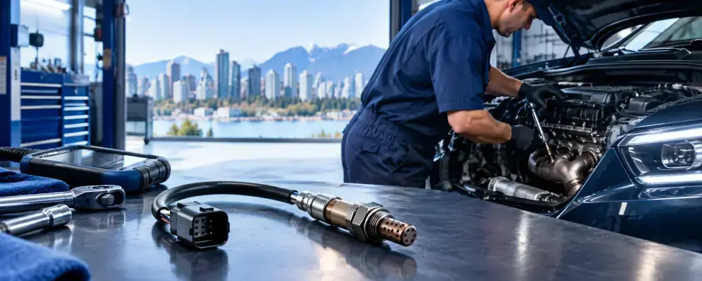 Mechanic replacing an oxygen sensor on a vehicle in an automotive repair shop, with an O2 sensor, diagnostic scanner, and tools in the foreground.