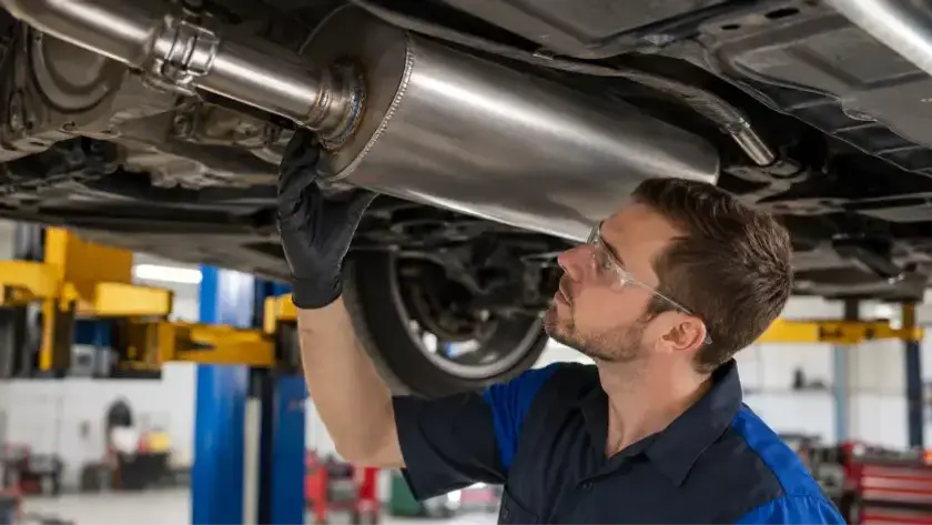 An automotive technician is inspecting a newly welded muffler assembly under a car chassis at KMF Automotive.