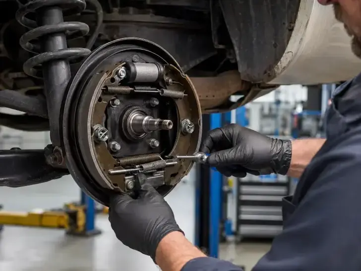 An automotive mechanic replacing worn drum brake shoes on a vehicle's rear axle.