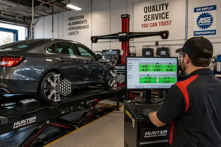 Finding a local automotive service center equipped with a computerized four-wheel alignment rack.