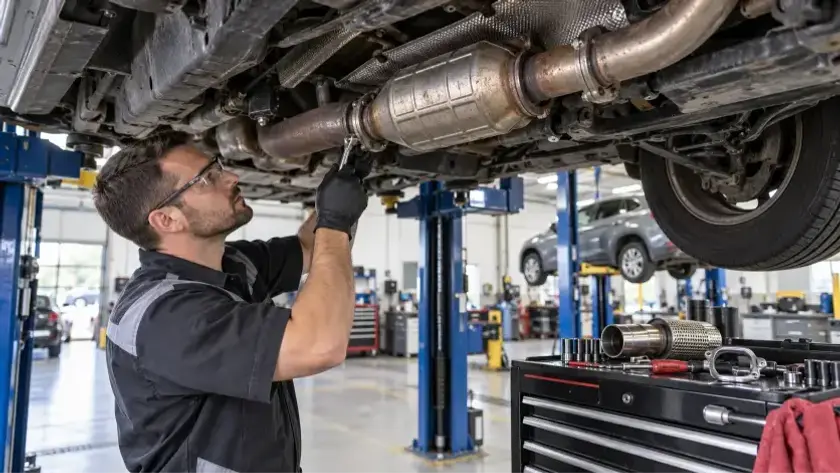 Catalytic Converter Repair in Burnaby BC with a mechanic inspecting the exhaust system under a raised vehicle in a professional auto repair shop