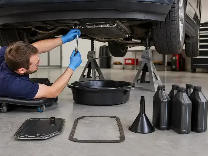 A car owner performing a step-by-step DIY automatic transmission fluid drain and filter replacement safely.