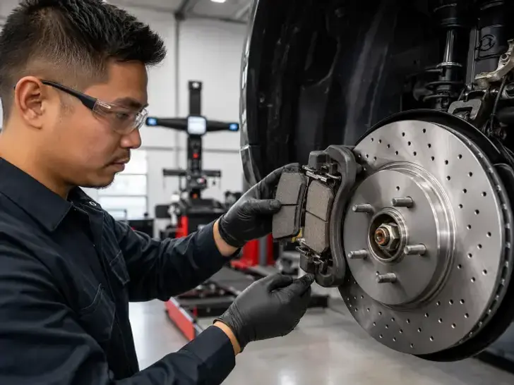 An automotive technician performing a complete brake pad and rotor replacement service.