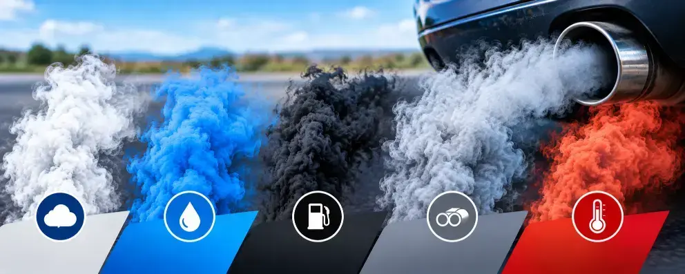 Exhaust pipe releasing white, blue, black, gray, and red-orange smoke, illustrating different exhaust smoke colors and potential vehicle engine issues.