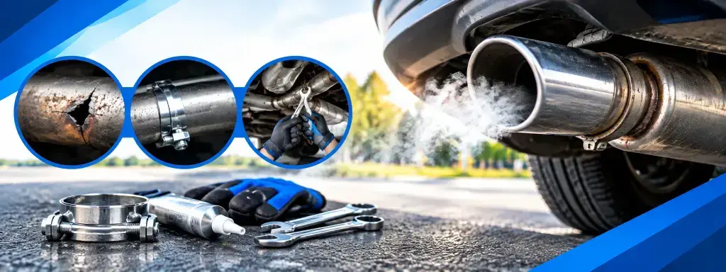 Car exhaust system with a leak being repaired using an exhaust clamp and repair tools