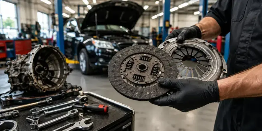 Clutch Repair Burnaby Reviews with a mechanic holding clutch parts inside a professional auto repair shop