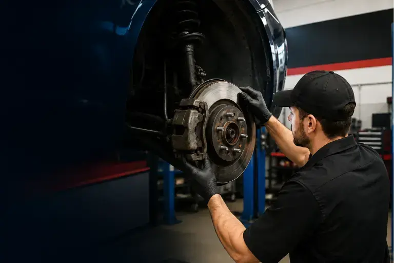 Brake Check Near Me Now at KMF Automotive in Burnaby with mechanic inspecting vehicle brakes
