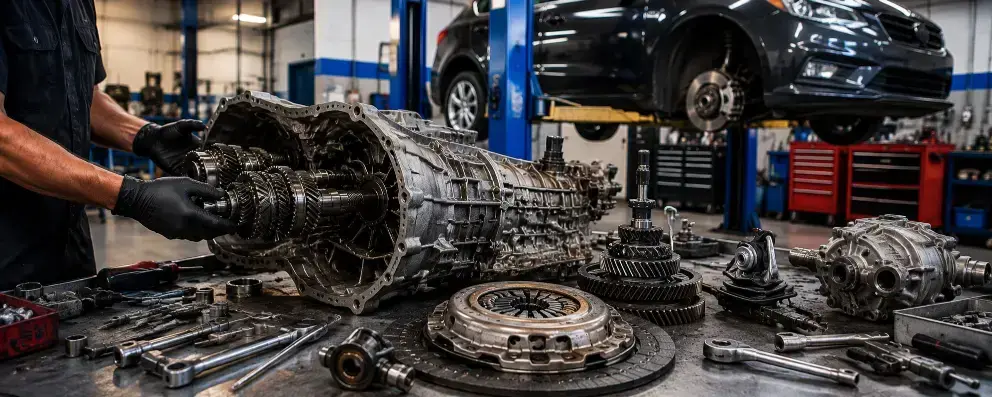 Manual transmission repair in Burnaby showing a mechanic servicing a gearbox and clutch assembly with transmission components on a workbench inside a professional automotive repair shop.