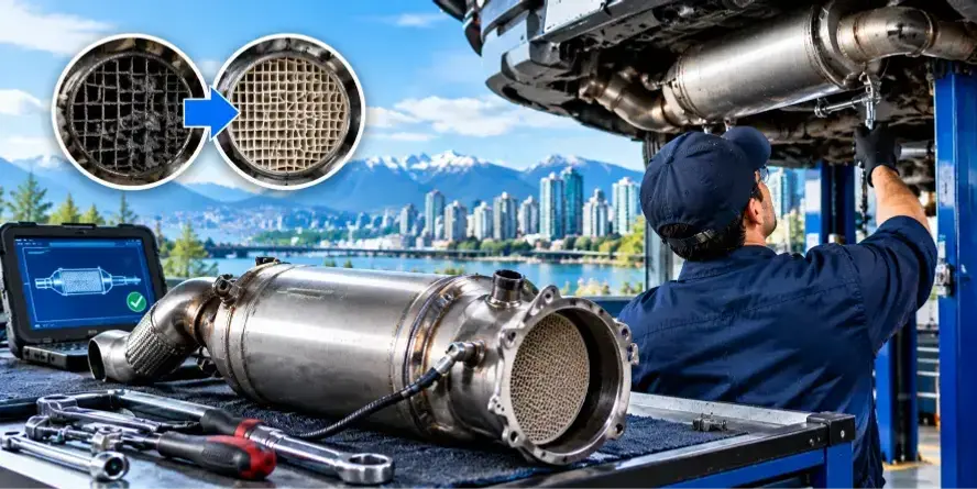 Diesel particulate filter service in Burnaby, BC, showing a mechanic inspecting and cleaning a DPF system