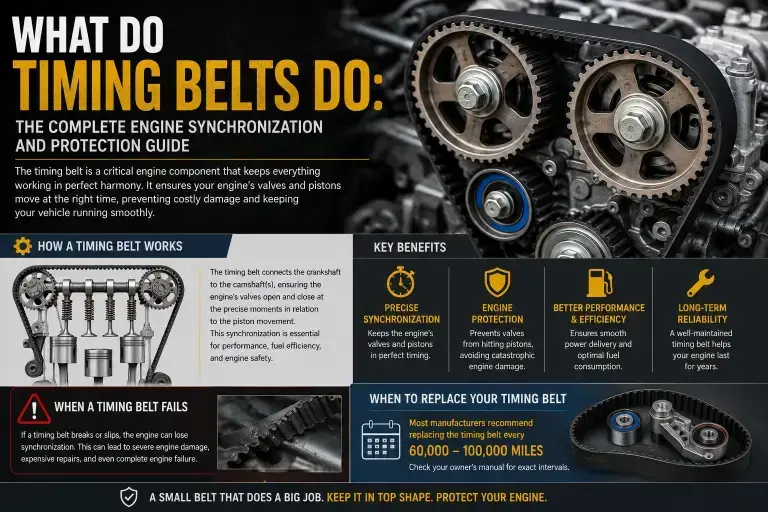 Timing belt replacement illustration showing an engine timing belt, camshaft gears, tensioners, and pulleys, highlighting how often you should change your timing belt to maintain engine synchronization, prevent costly engine damage, and ensure reliable vehicle performance.