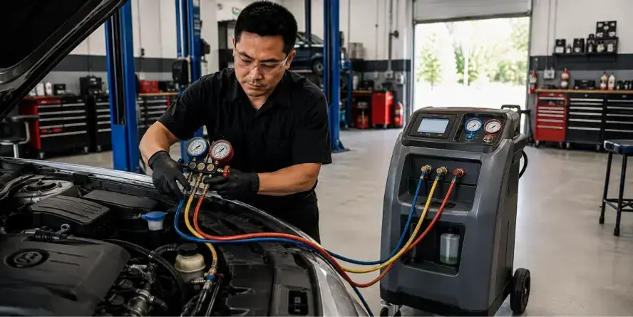 Car AC Service Cost Burnaby with a mechanic using A/C diagnostic gauges and service equipment inside a professional auto repair shop